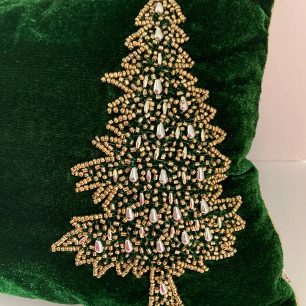 Rachel Ashwell Velvet Beaded Christmas Trees Throw Pillow 14x22 Green EUC